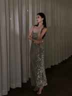 Sequin Slip Dress Metallic Silver Fishtail for Evening Party | Eveningverse - EveningVerse - 3