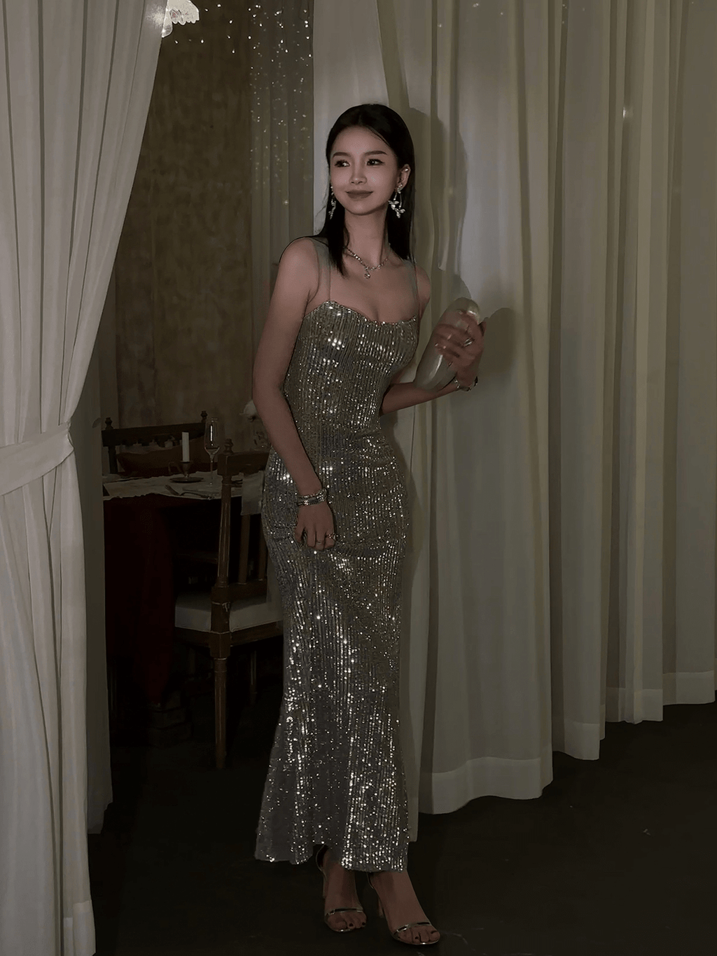 Sequin Slip Dress Metallic Silver Fishtail for Evening Party | Eveningverse - EveningVerse - 2