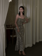 Sequin Slip Dress Metallic Silver Fishtail for Evening Party | Eveningverse - EveningVerse - 2