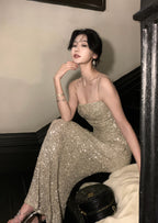 Silver Maxi Dress Bodycon Strapless Sequin High Slit - EveningVerse - 11