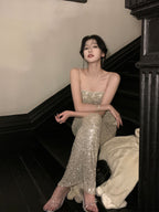 Silver Maxi Dress Bodycon Strapless Sequin High Slit - EveningVerse - 4