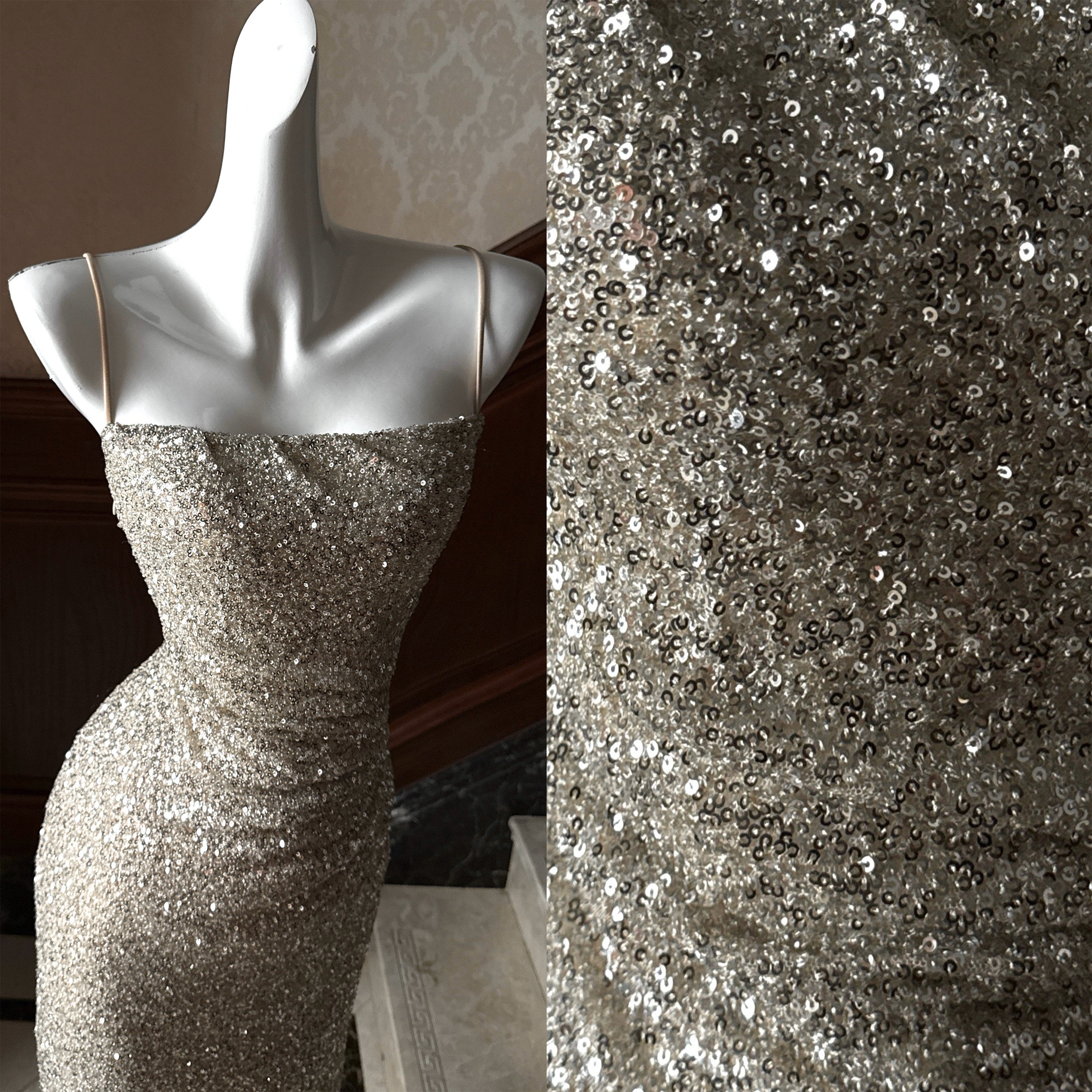 Silver Maxi Dress Bodycon Strapless Sequin High Slit - EveningVerse - 6