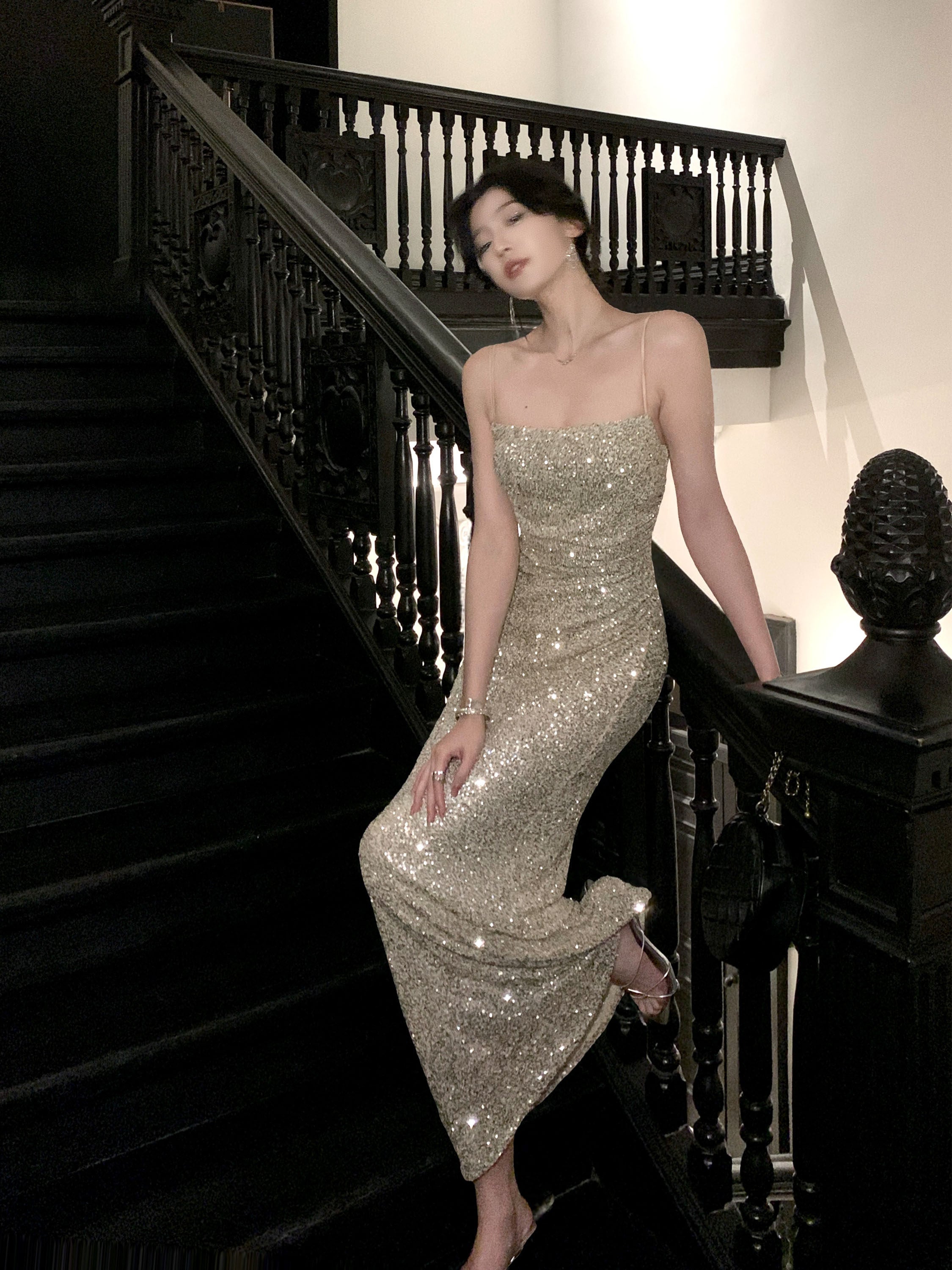 Silver Maxi Dress Bodycon Strapless Sequin High Slit - EveningVerse - 1 Main image