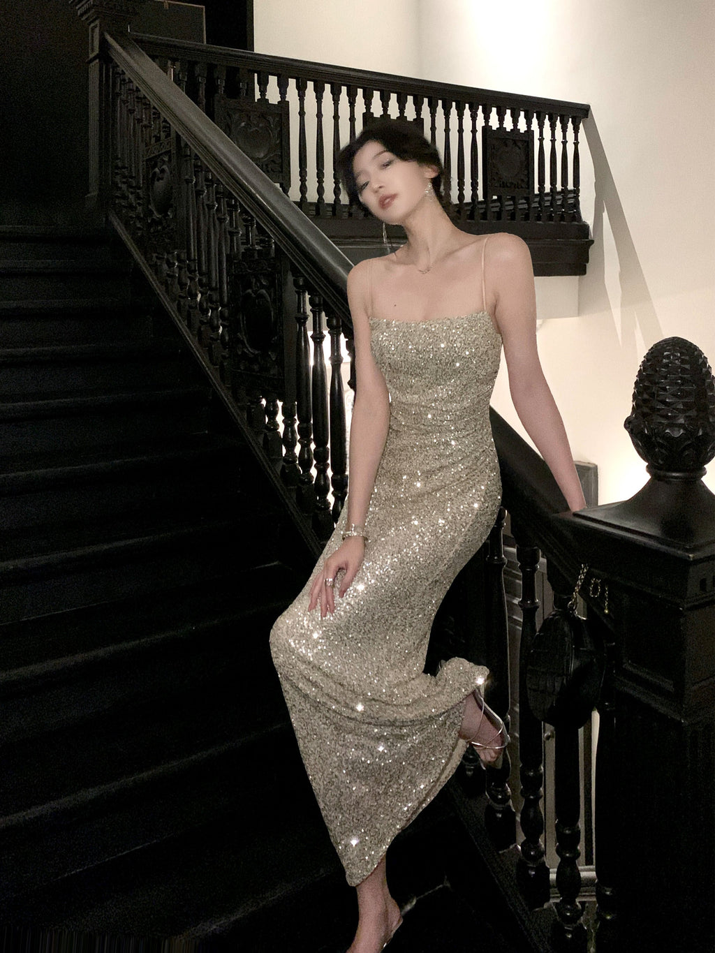 Silver Maxi Dress Bodycon Strapless Sequin High Slit - EveningVerse - 1