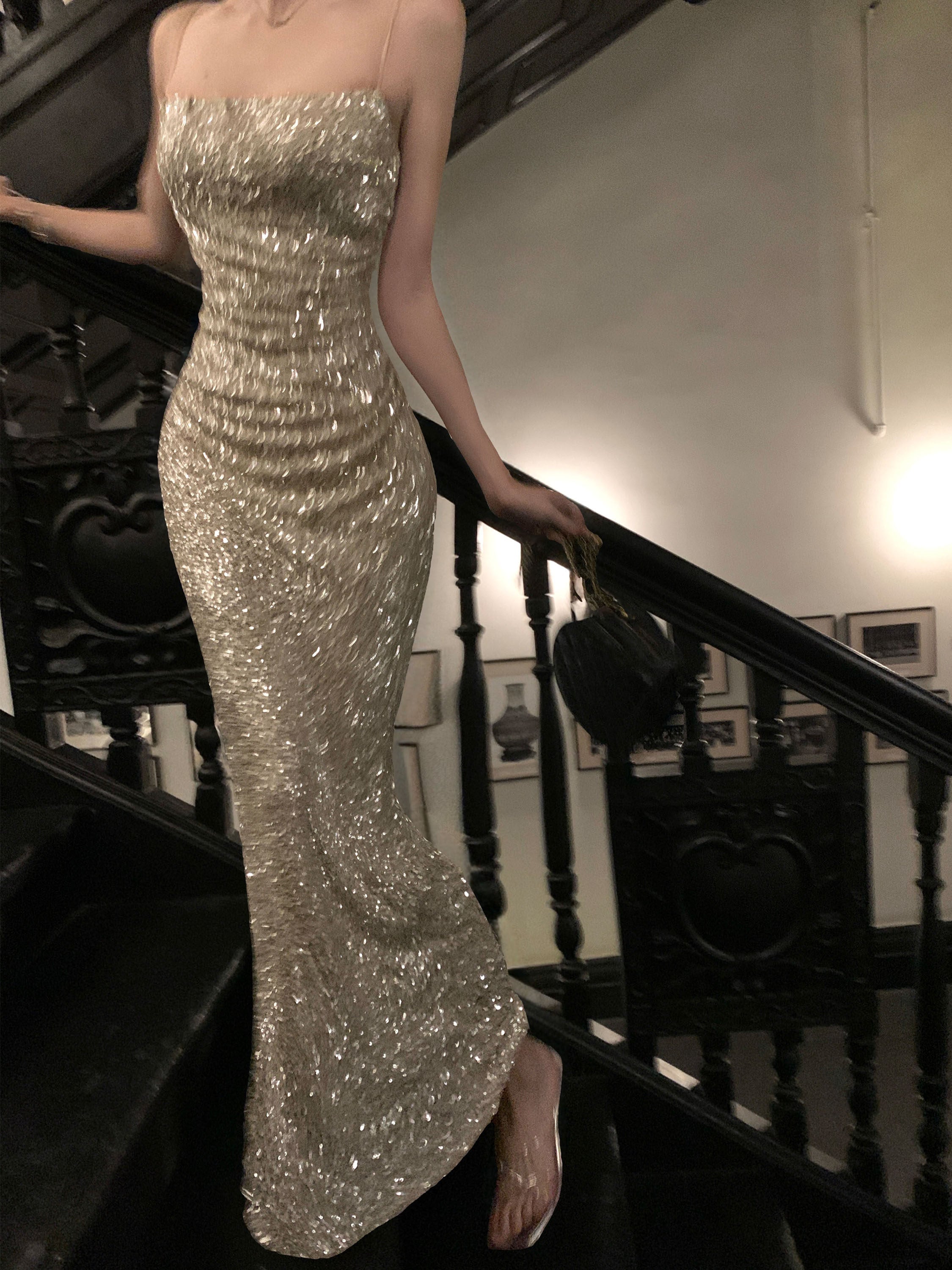 Silver Maxi Dress Bodycon Strapless Sequin High Slit - EveningVerse - 2
