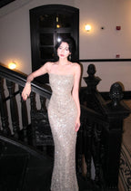Silver Maxi Dress Bodycon Strapless Sequin High Slit - EveningVerse - 8
