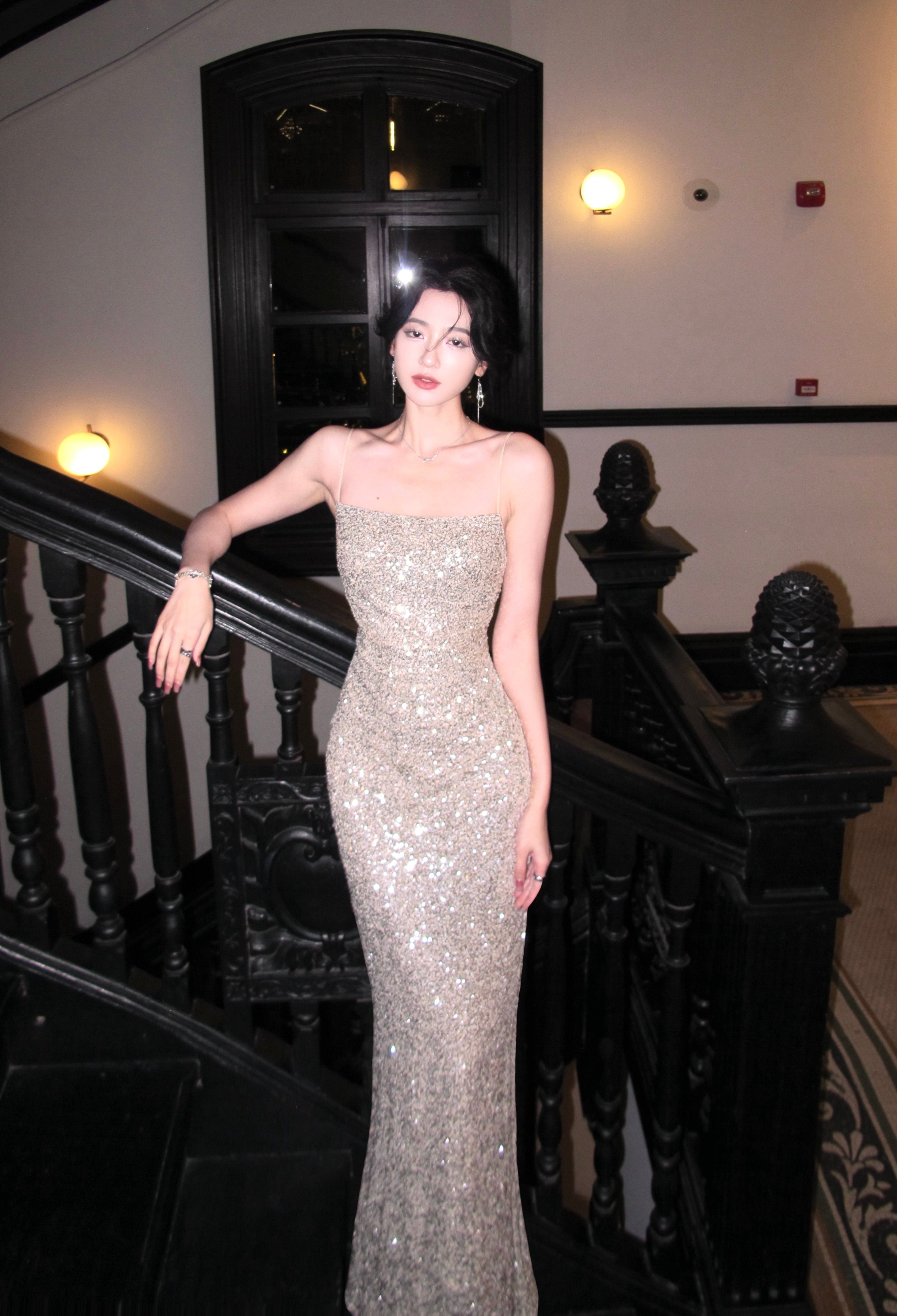 Silver Maxi Dress Bodycon Strapless Sequin High Slit - EveningVerse - 8