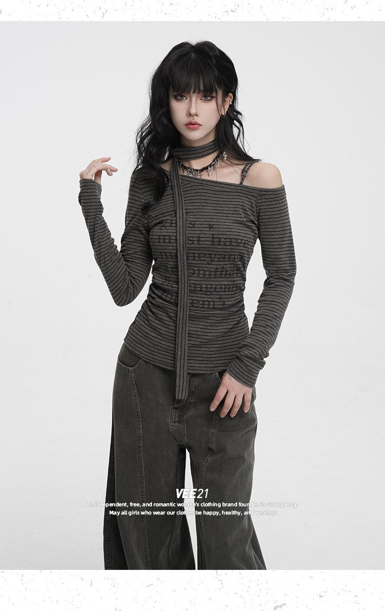 Striped Asymmetric Off - Shoulder Top Long Sleeve Tie Detail - EveningVerse - 3