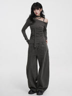 Striped Asymmetric Off - Shoulder Top Long Sleeve Tie Detail - EveningVerse - 4