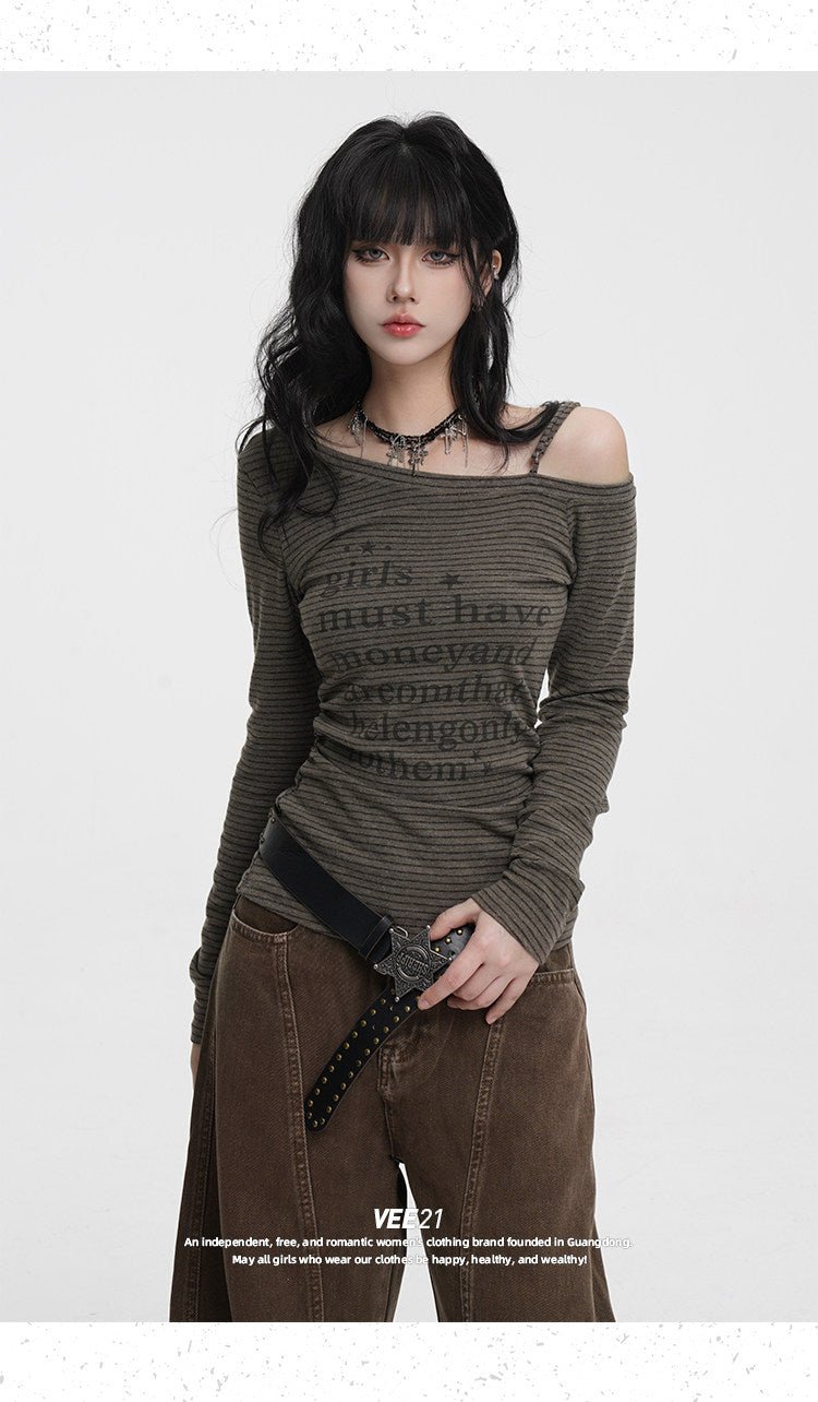 Striped Asymmetric Off - Shoulder Top Long Sleeve Tie Detail - EveningVerse - 1
