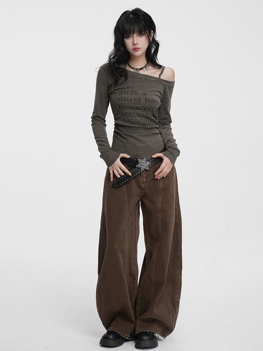 Striped Asymmetric Off - Shoulder Top Long Sleeve Tie Detail - EveningVerse - 7