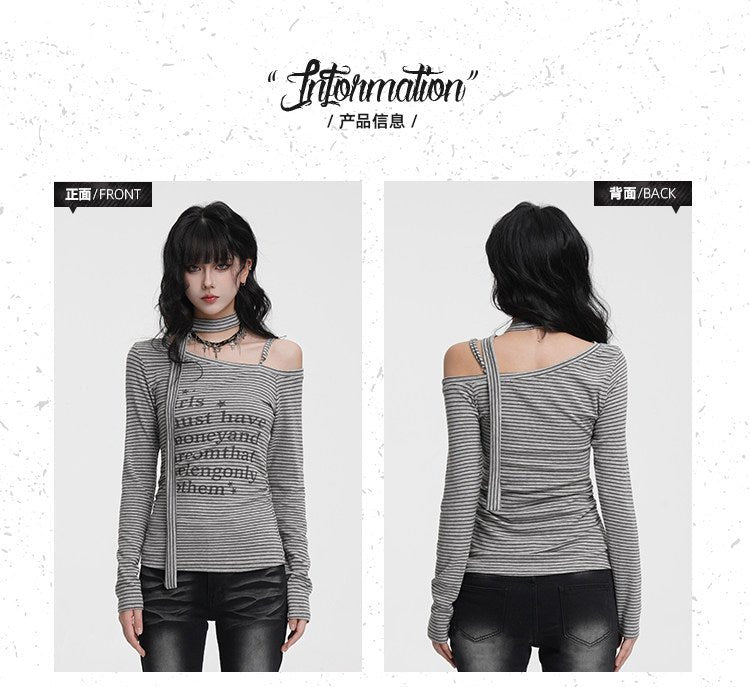 Striped Asymmetric Off - Shoulder Top Long Sleeve Tie Detail - EveningVerse - 2