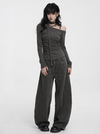 Striped Asymmetric Off - Shoulder Top Long Sleeve Tie Detail - EveningVerse - 6