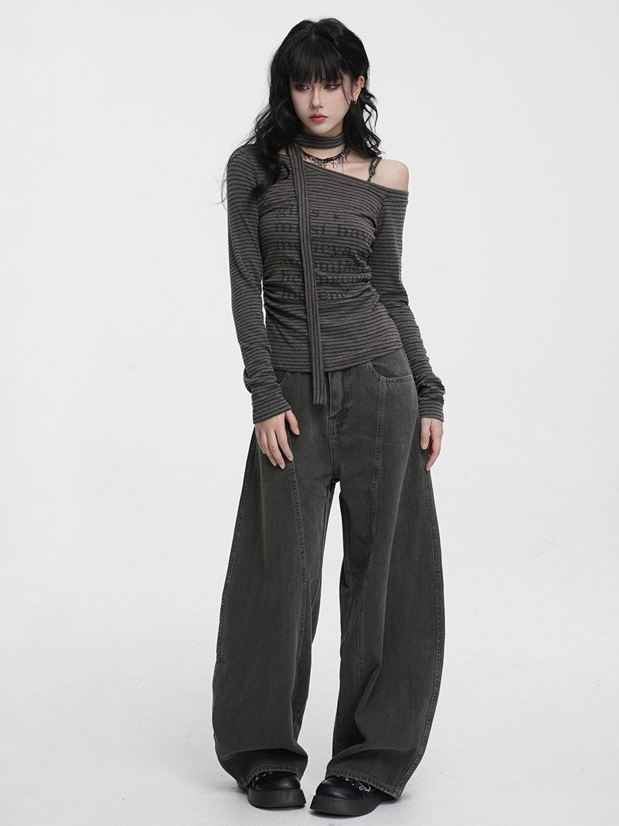 Striped Asymmetric Off - Shoulder Top Long Sleeve Tie Detail - EveningVerse - 6