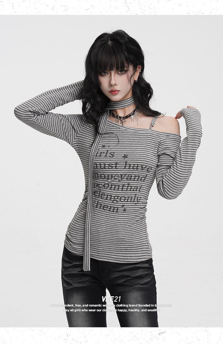 Striped Asymmetric Off - Shoulder Top Long Sleeve Tie Detail - EveningVerse - 8