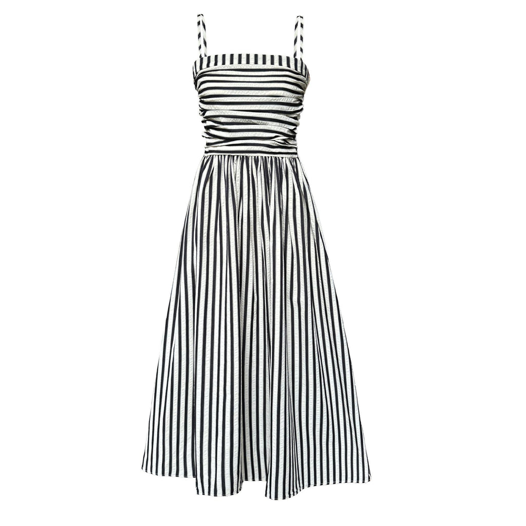 Striped Square Neck A - Line Maxi Dress with Pockets - EveningVerse - 1