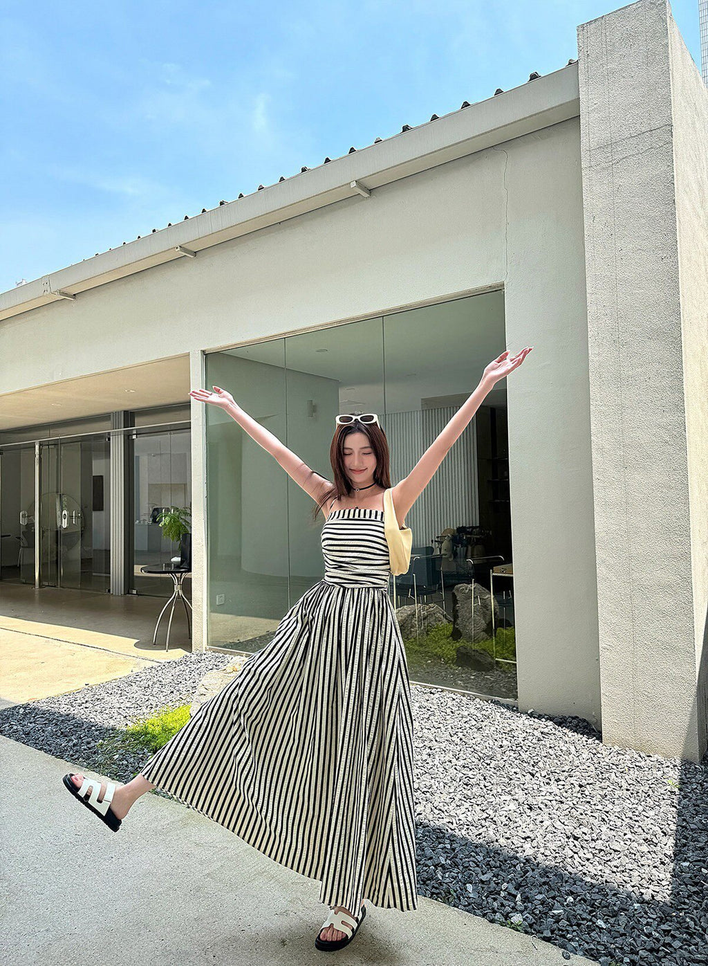 Striped Square Neck A - Line Maxi Dress with Pockets - EveningVerse - 12