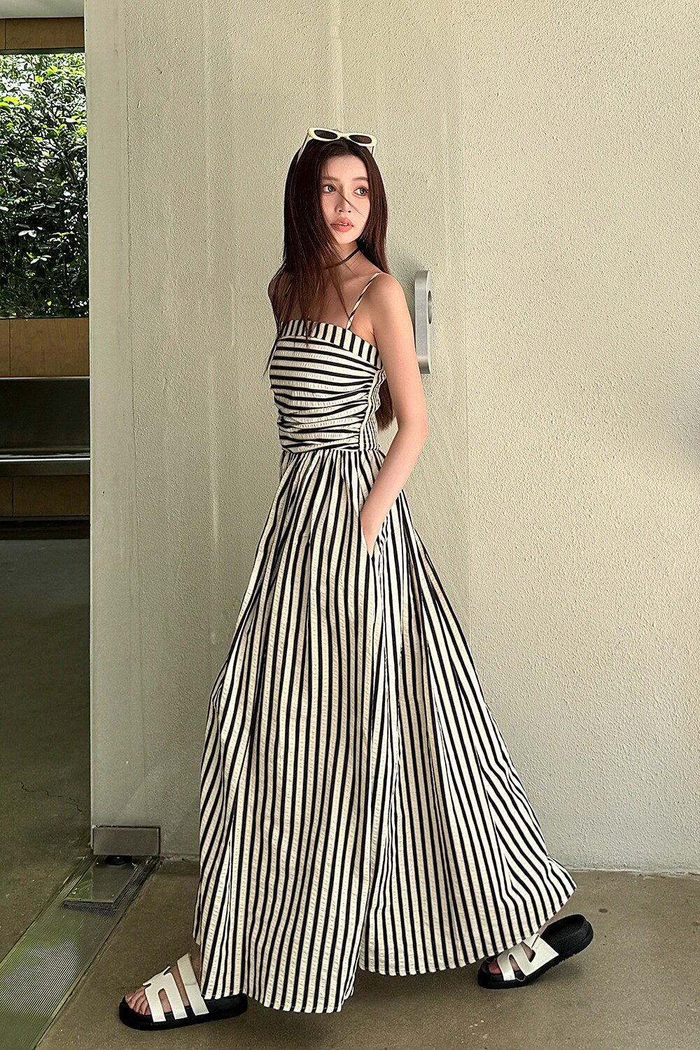 Striped Square Neck A - Line Maxi Dress with Pockets - EveningVerse - 11
