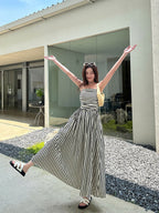 Striped Square Neck A - Line Maxi Dress with Pockets - EveningVerse - 10