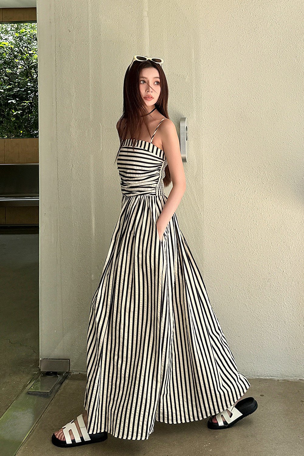 Striped Square Neck A - Line Maxi Dress with Pockets - EveningVerse - 6