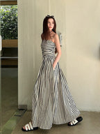 Striped Square Neck A - Line Maxi Dress with Pockets - EveningVerse - 9