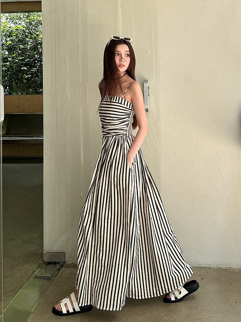 Striped Square Neck A - Line Maxi Dress with Pockets - EveningVerse - 9