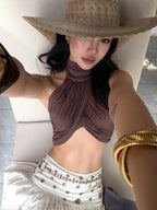 Twisted Halter Backless Crop Top - EveningVerse - 1