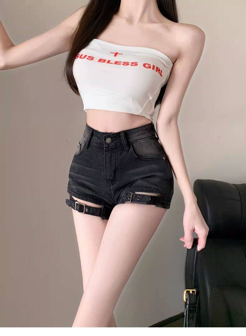 Vintage Blue/Black High Waist Front Cutout Denim Shorts - EveningVerse - 5