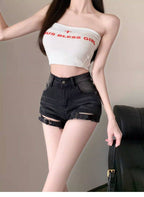 Vintage Blue/Black High Waist Front Cutout Denim Shorts - EveningVerse - 5