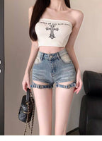 Vintage Blue/Black High Waist Front Cutout Denim Shorts - EveningVerse - 1