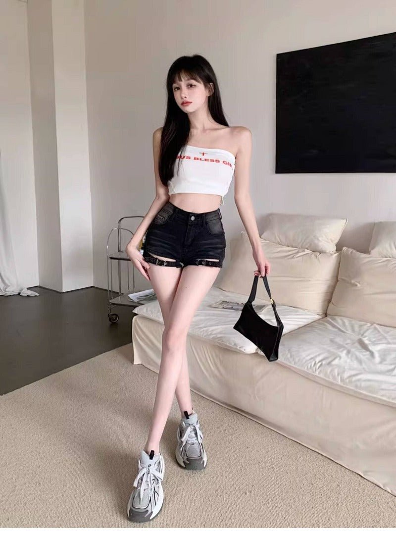 Vintage Blue/Black High Waist Front Cutout Denim Shorts - EveningVerse - 4
