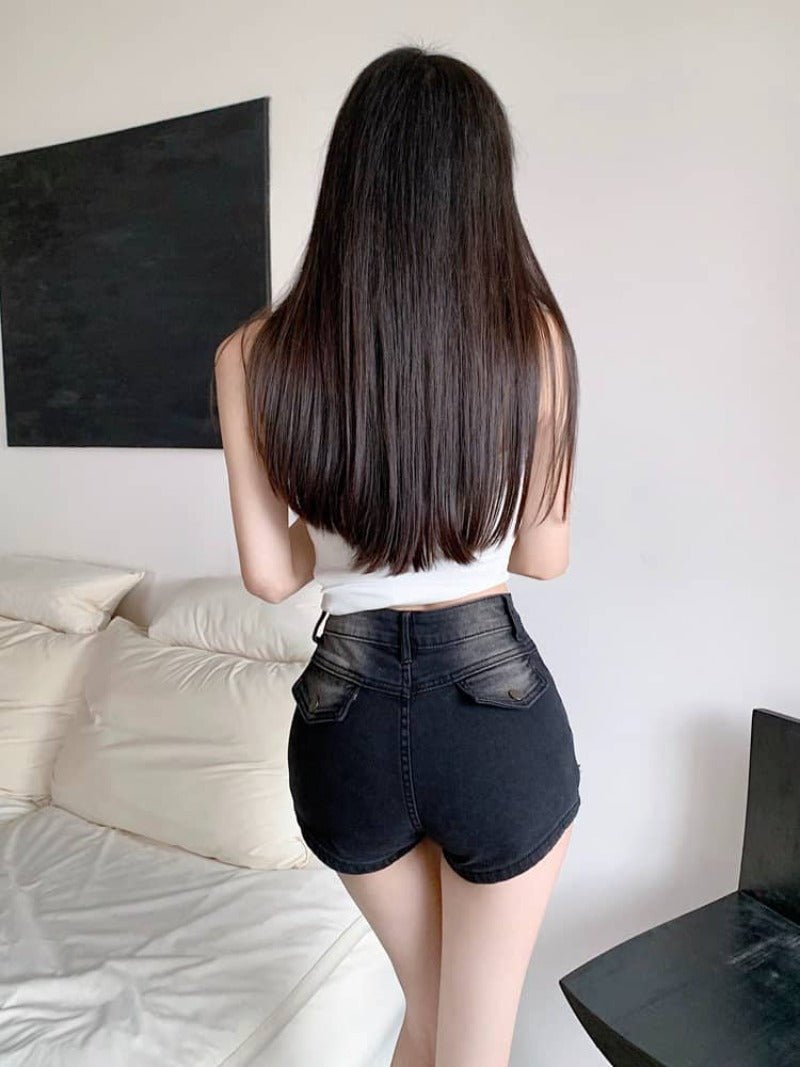 Vintage Blue/Black High Waist Front Cutout Denim Shorts - EveningVerse - 13