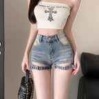 Vintage Blue/Black High Waist Front Cutout Denim Shorts - EveningVerse - 14