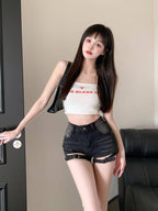Vintage Blue/Black High Waist Front Cutout Denim Shorts - EveningVerse - 11