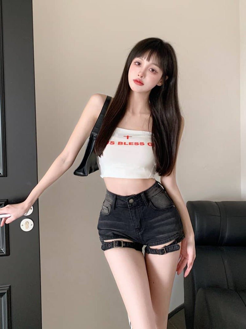 Vintage Blue/Black High Waist Front Cutout Denim Shorts - EveningVerse - 11