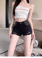 Vintage Blue/Black High Waist Front Cutout Denim Shorts - EveningVerse - 6