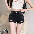 Vintage Blue/Black High Waist Front Cutout Denim Shorts - EveningVerse - 15