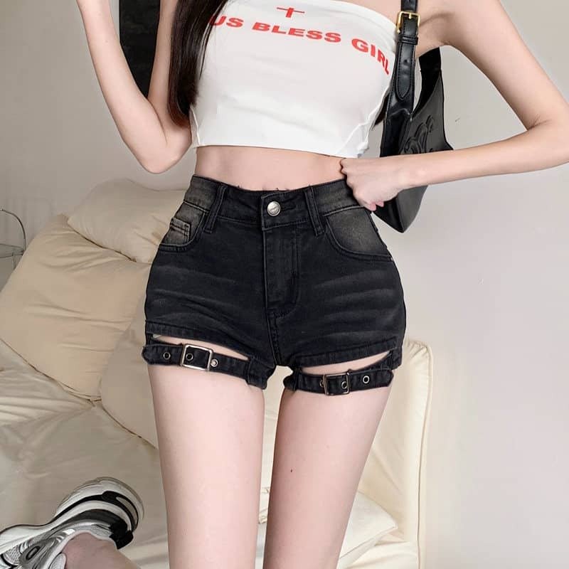 Vintage Blue/Black High Waist Front Cutout Denim Shorts - EveningVerse - 15