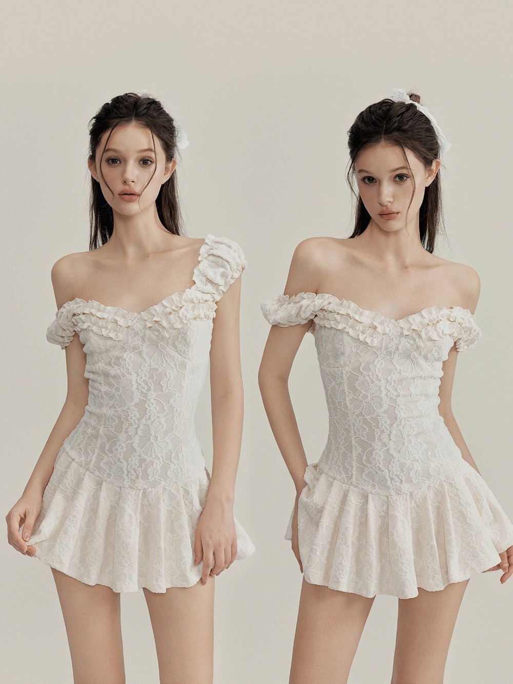 White Floral Lace Ruffled Off Shoulder Slim Fit A - Line Mini Dress - EveningVerse - 1