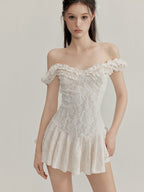 White Floral Lace Ruffled Off Shoulder Slim Fit A - Line Mini Dress - EveningVerse - 4