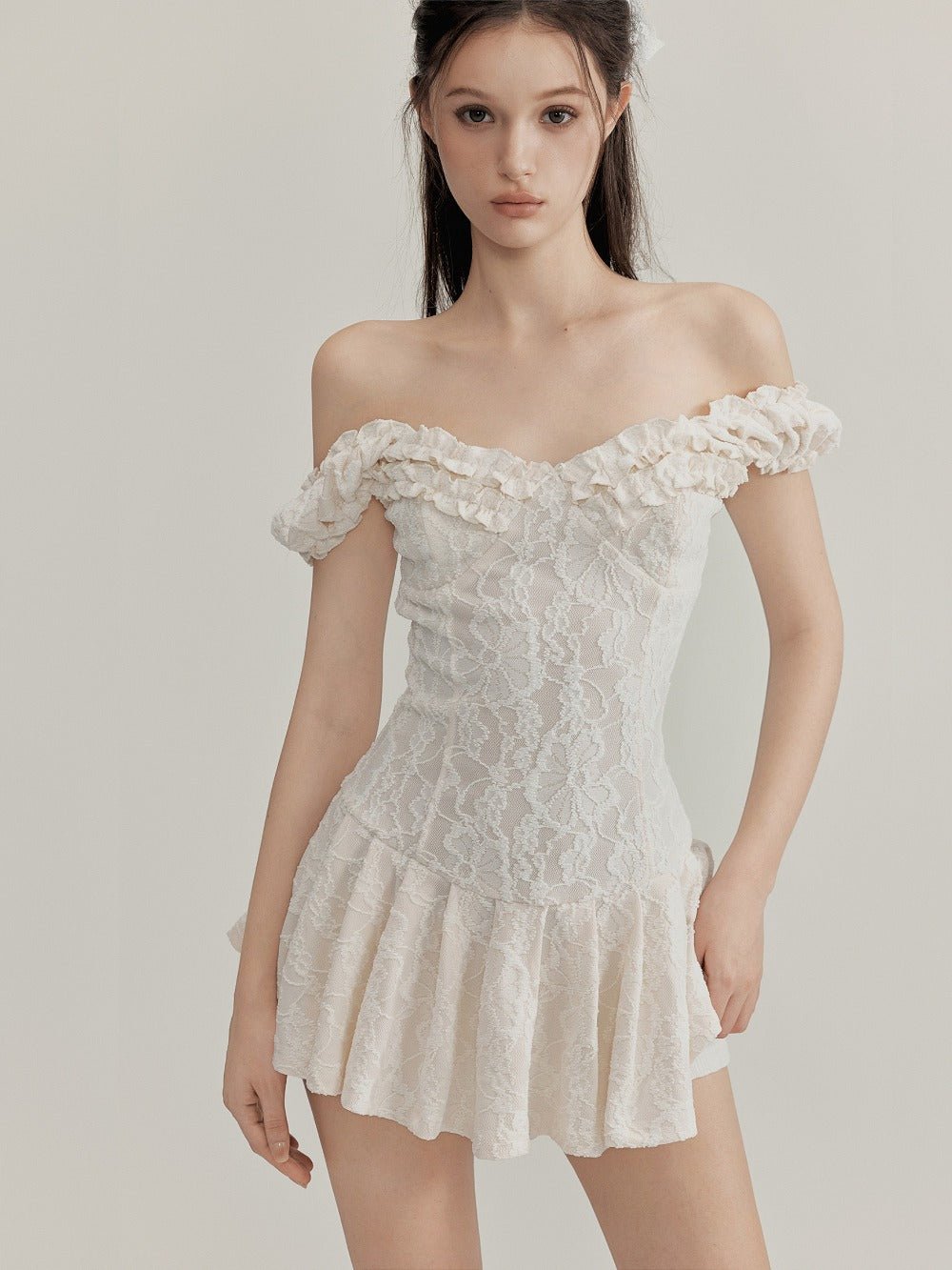 White Floral Lace Ruffled Off Shoulder Slim Fit A - Line Mini Dress - EveningVerse - 4