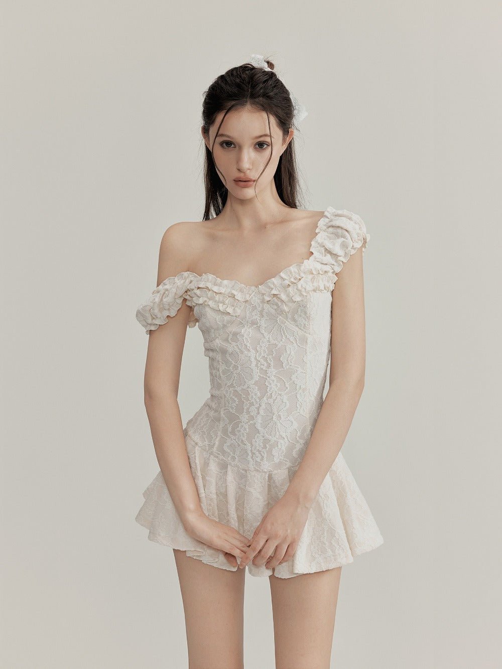 White Floral Lace Ruffled Off Shoulder Slim Fit A - Line Mini Dress - EveningVerse - 2