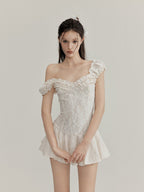 White Floral Lace Ruffled Off Shoulder Slim Fit A - Line Mini Dress - EveningVerse - 2