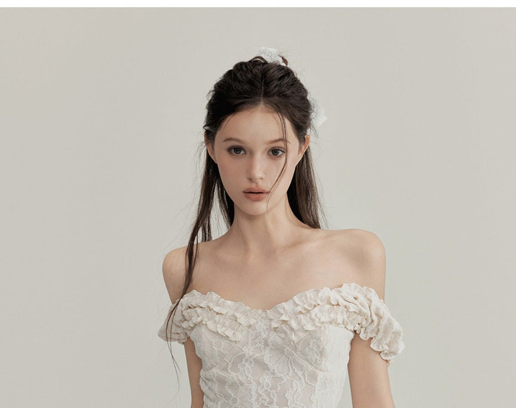 White Floral Lace Ruffled Off Shoulder Slim Fit A - Line Mini Dress - EveningVerse - 7