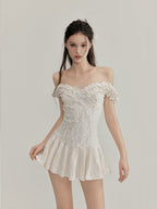 White Floral Lace Ruffled Off Shoulder Slim Fit A - Line Mini Dress - EveningVerse - 5