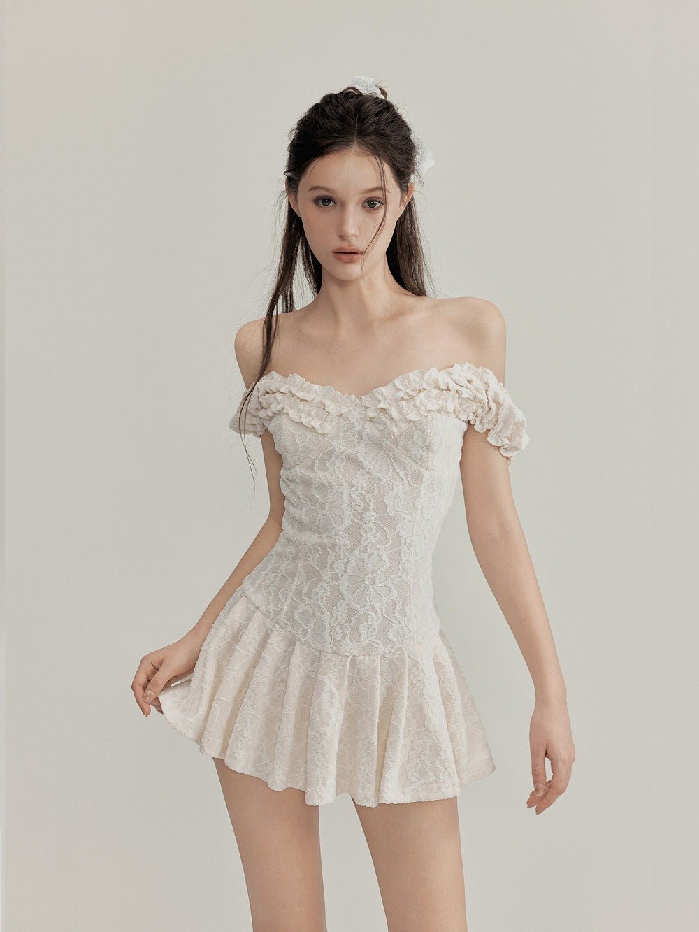 White Floral Lace Ruffled Off Shoulder Slim Fit A - Line Mini Dress - EveningVerse - 5