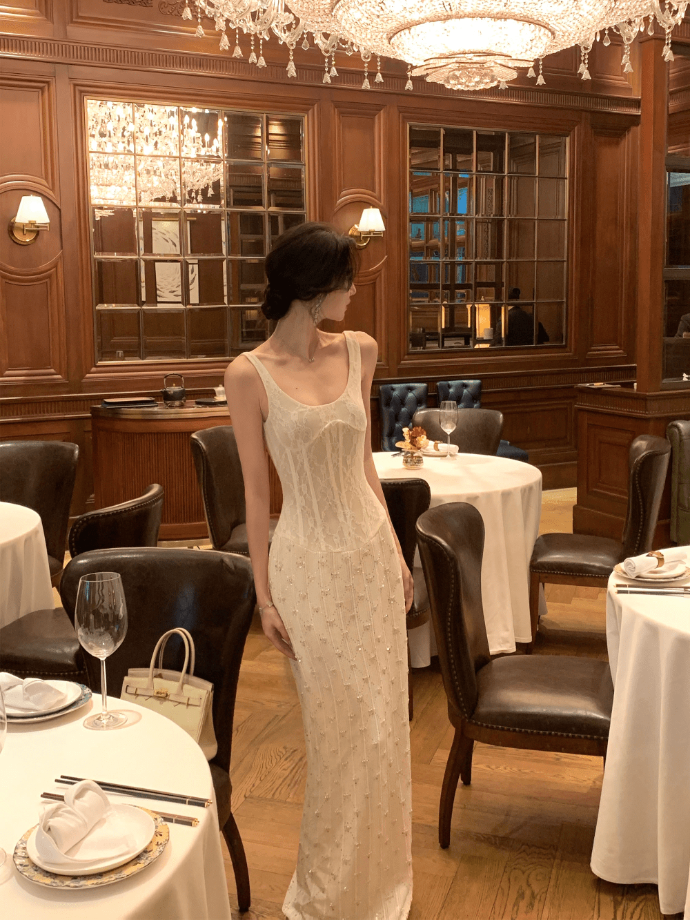 White French Beaded Lace Corset Backless Square Neck Midi Dress - EveningVerse - 5