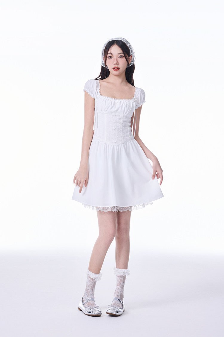 White French Square Neck Puff Sleeve Lace Ruched Waist Mini Dress - EveningVerse1 Main image