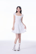 White French Square Neck Puff Sleeve Lace Ruched Waist Mini Dress - EveningVerse1