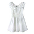 White French Square Neck Puff Sleeve Lace Ruched Waist Mini Dress - EveningVerse12